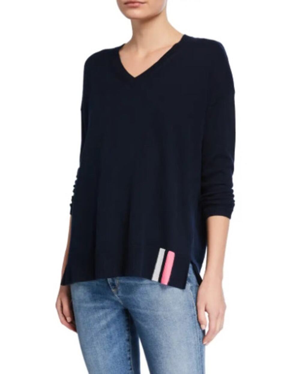 Lisa Todd Patch V-Neck Cotton/Cashmere Sweater Sequin Elbow Patches Navy XS